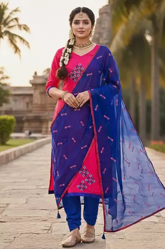 Pink color cotton slub fabric designer casual suit with embroidery