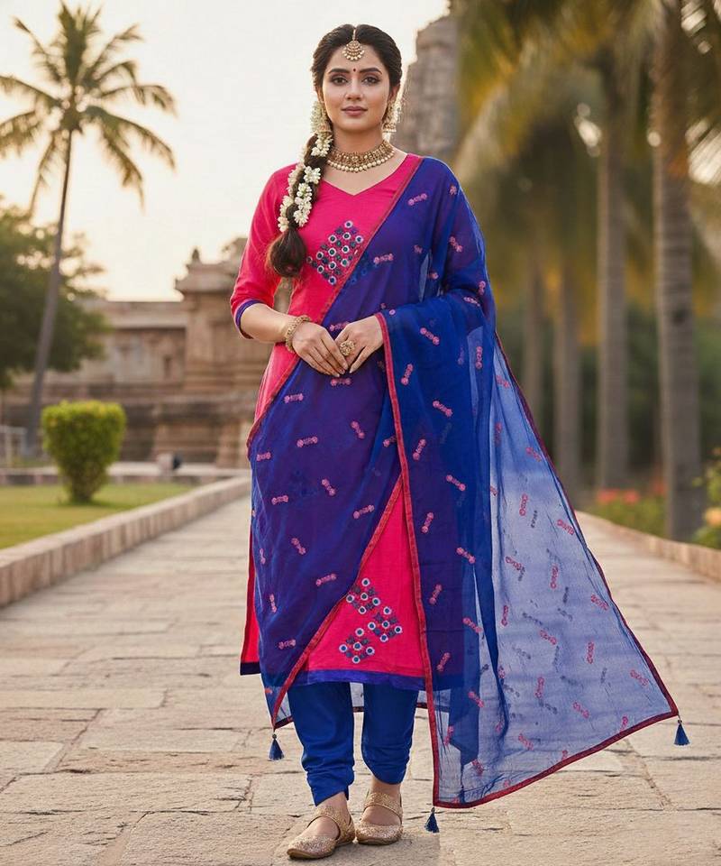 Pink color cotton slub fabric designer casual suit with embroidery