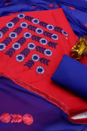 Pink color cotton slub fabric designer casual suit with embroidery