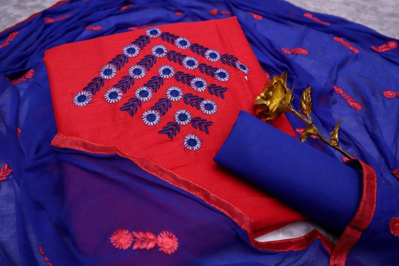 Pink color cotton slub fabric designer casual suit with embroidery