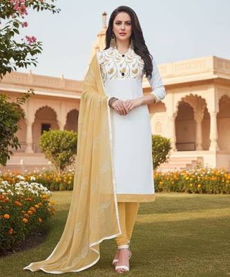 White color cotton slub fabric designer casual suit with embroidery 1