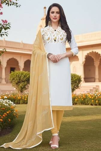 White color cotton slub fabric designer casual suit with embroidery