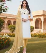 White color cotton slub fabric designer casual suit with embroidery