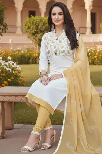 White color cotton slub fabric designer casual suit with embroidery