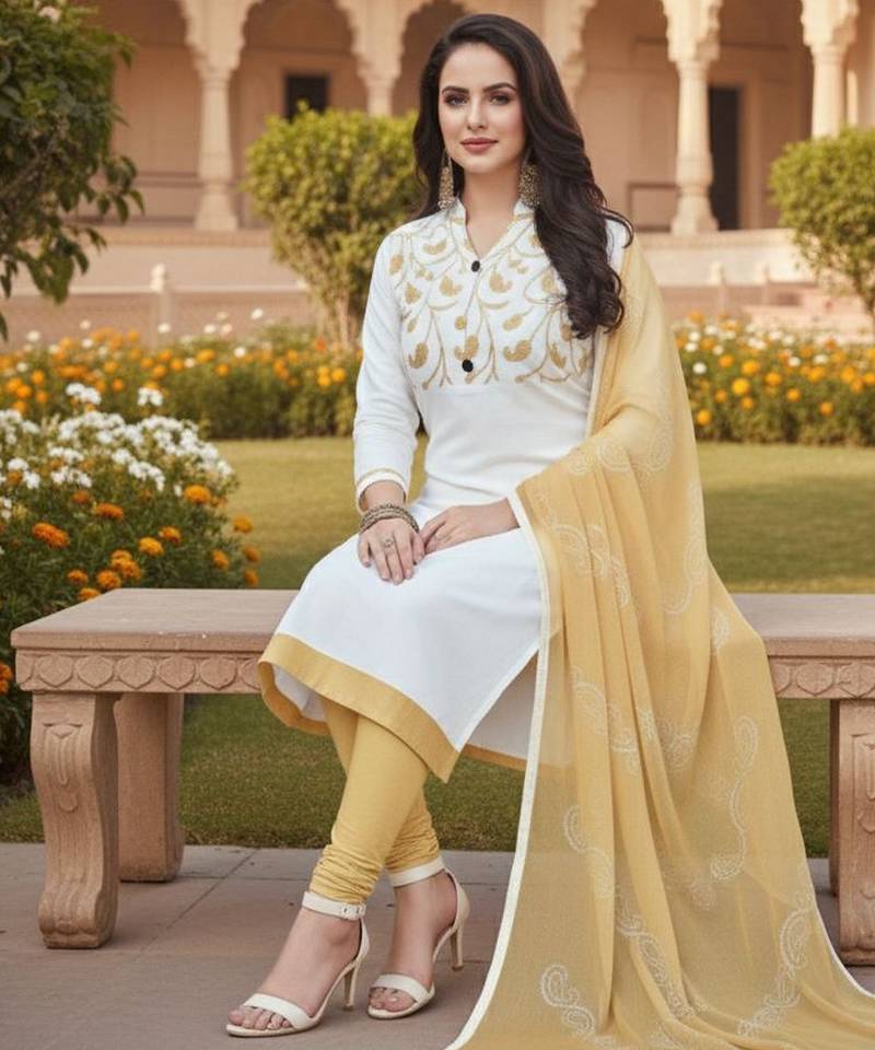 White color cotton slub fabric designer casual suit with embroidery