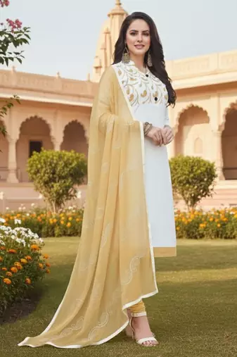 White color cotton slub fabric designer casual suit with embroidery