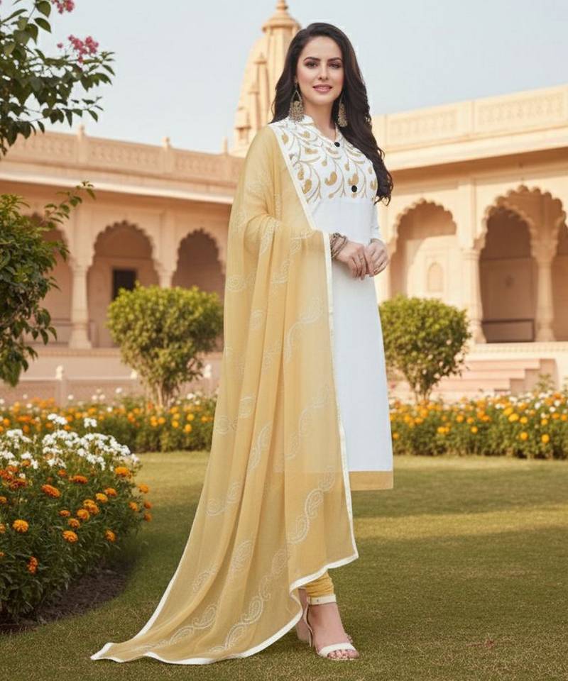 White color cotton slub fabric designer casual suit with embroidery