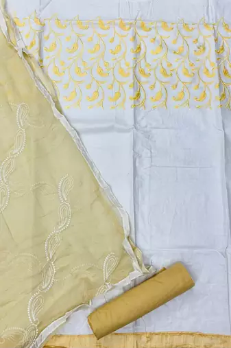 White color cotton slub fabric designer casual suit with embroidery