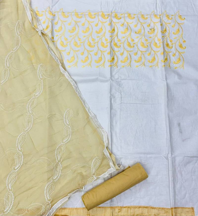 White color cotton slub fabric designer casual suit with embroidery