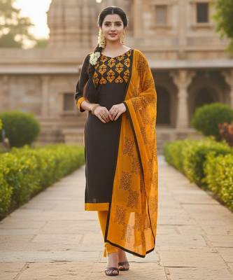 Brown color cotton slub fabric designer casual suit with embroidery 1