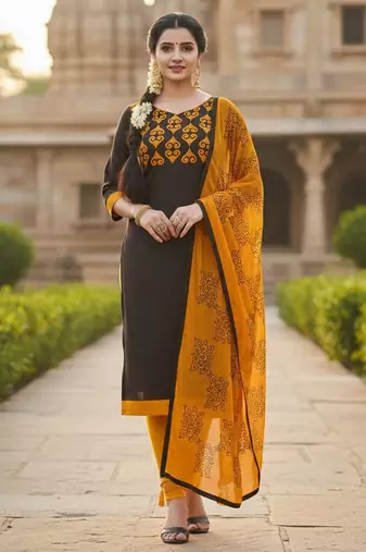 Brown color cotton slub fabric designer casual suit with embroidery