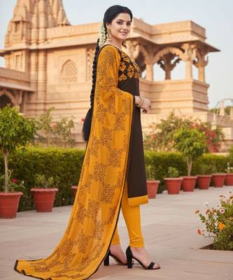 Brown color cotton slub fabric designer casual suit with embroidery 3