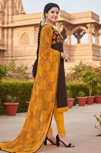 Brown color cotton slub fabric designer casual suit with embroidery