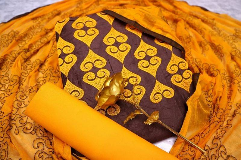 Brown color cotton slub fabric designer casual suit with embroidery