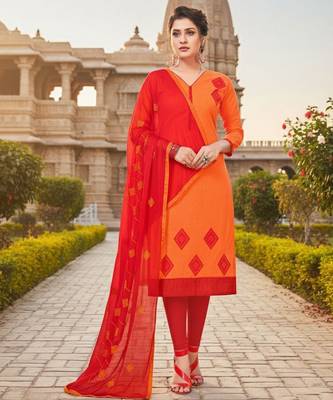 Orange color cotton slub fabric designer casual suit with embroidery 1