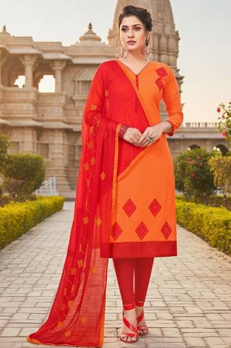 Orange color cotton slub fabric designer casual suit with embroidery