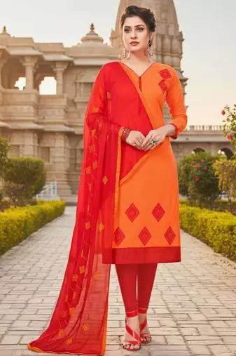 Orange color cotton slub fabric designer casual suit with embroidery