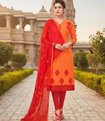 Orange color cotton slub fabric designer casual suit with embroidery