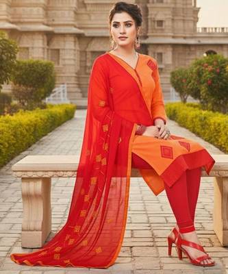 Orange color cotton slub fabric designer casual suit with embroidery 2