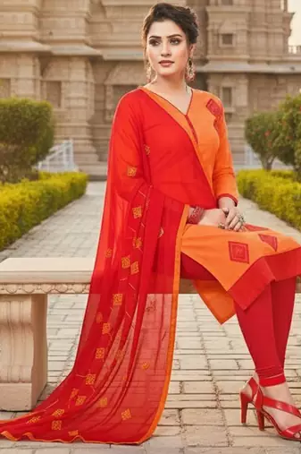 Orange color cotton slub fabric designer casual suit with embroidery