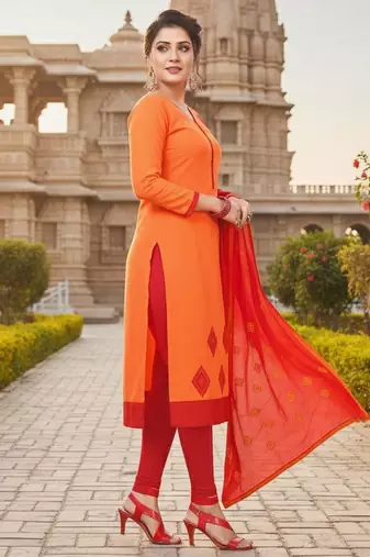 Orange color cotton slub fabric designer casual suit with embroidery