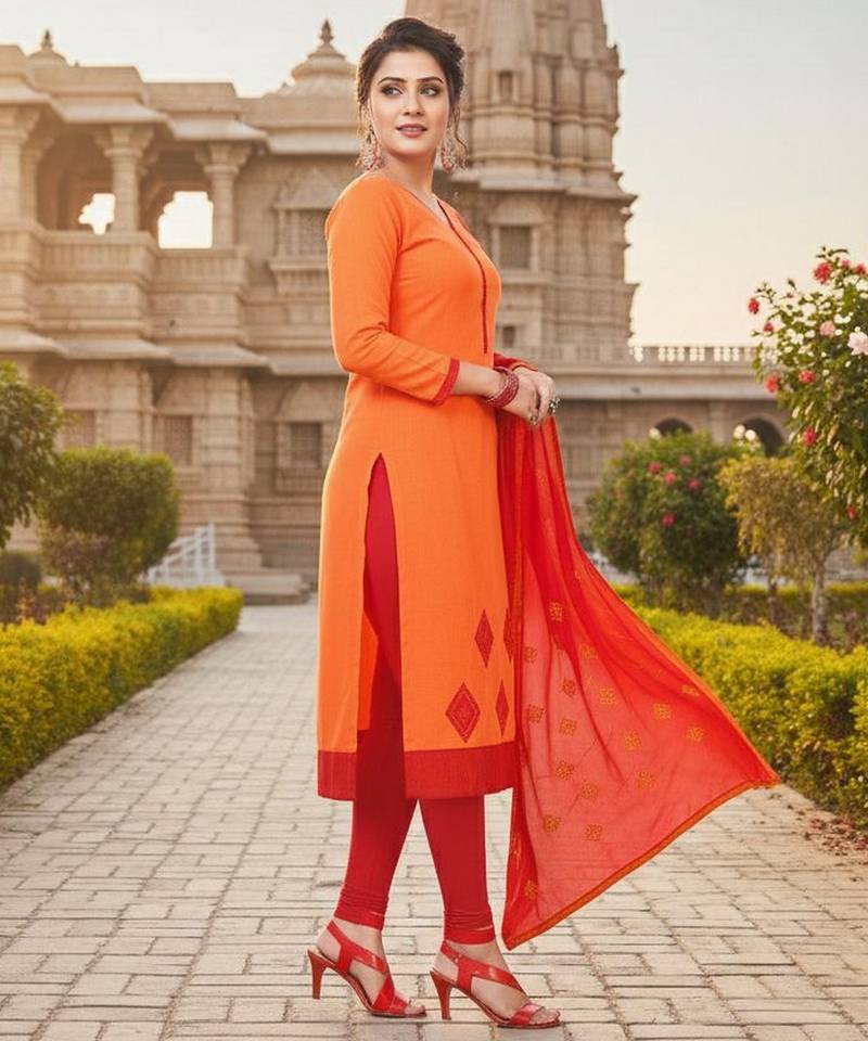 Orange color cotton slub fabric designer casual suit with embroidery