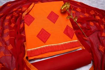 Orange color cotton slub fabric designer casual suit with embroidery 4