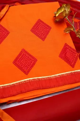 Orange color cotton slub fabric designer casual suit with embroidery