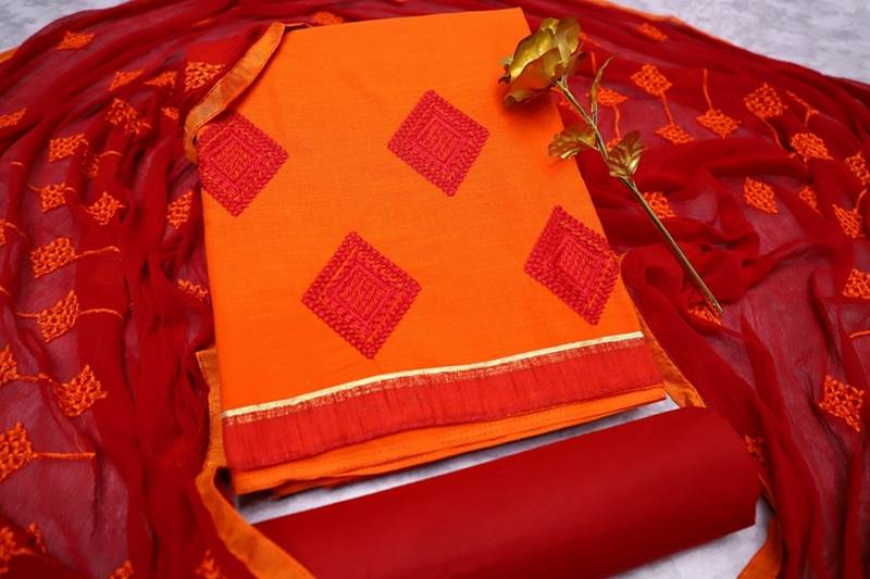 Orange color cotton slub fabric designer casual suit with embroidery