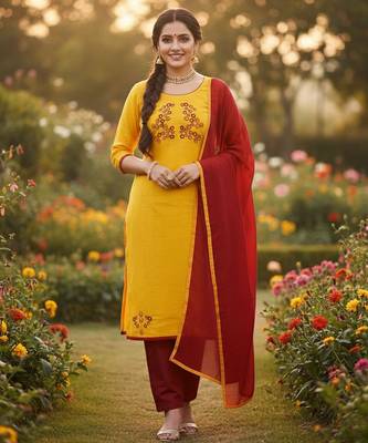 Yellow color cotton slub fabric designer casual suit with embroidery 1