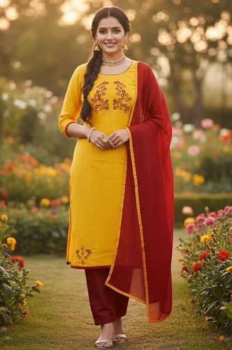 Yellow color cotton slub fabric designer casual suit with embroidery