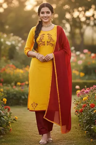 Yellow color cotton slub fabric designer casual suit with embroidery