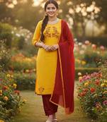 Yellow color cotton slub fabric designer casual suit with embroidery