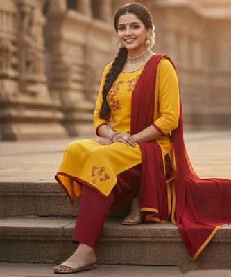 Yellow color cotton slub fabric designer casual suit with embroidery 2