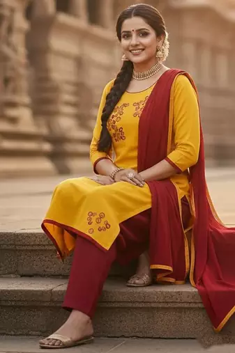 Yellow color cotton slub fabric designer casual suit with embroidery