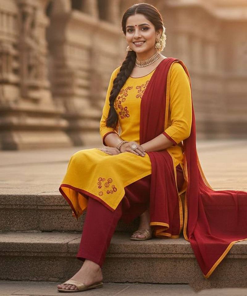 Yellow color cotton slub fabric designer casual suit with embroidery