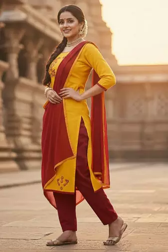 Yellow color cotton slub fabric designer casual suit with embroidery