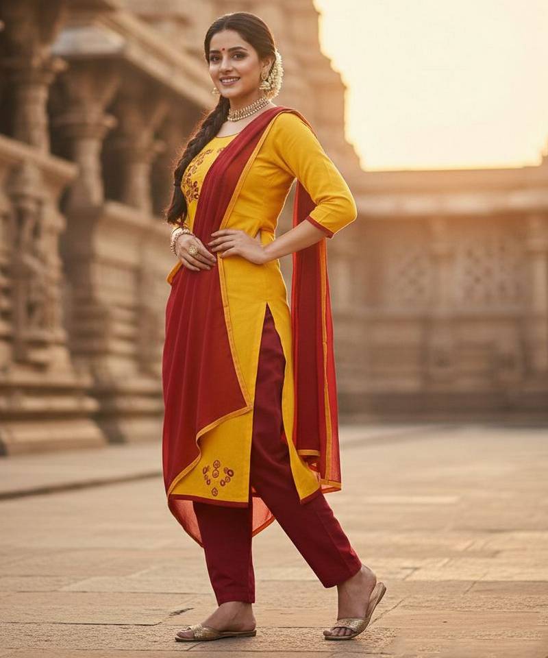 Yellow color cotton slub fabric designer casual suit with embroidery