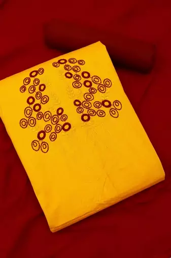 Yellow color cotton slub fabric designer casual suit with embroidery