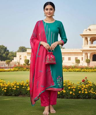 Blue color cotton slub fabric designer casual suit with embroidery 1
