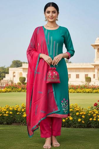 Blue color cotton slub fabric designer casual suit with embroidery