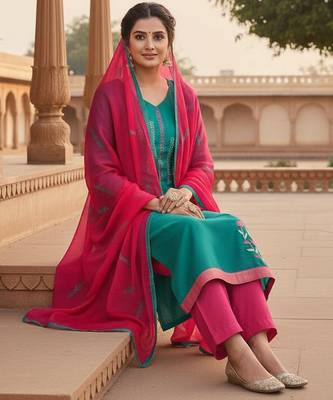 Blue color cotton slub fabric designer casual suit with embroidery 2