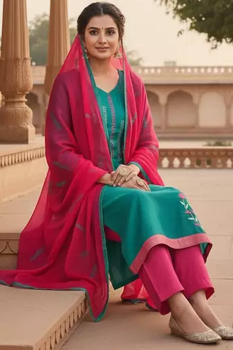 Blue color cotton slub fabric designer casual suit with embroidery