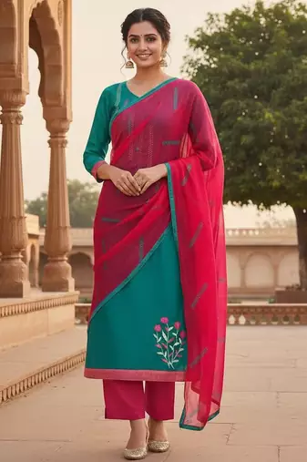 Blue color cotton slub fabric designer casual suit with embroidery