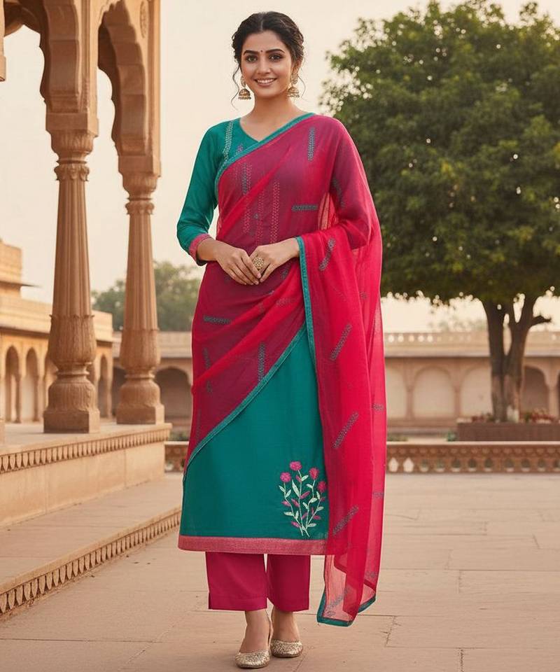 Blue color cotton slub fabric designer casual suit with embroidery