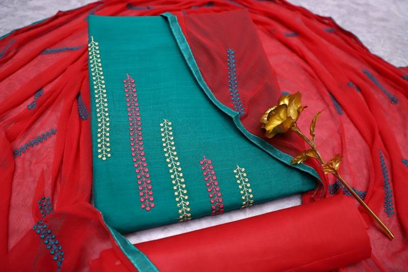 Blue color cotton slub fabric designer casual suit with embroidery