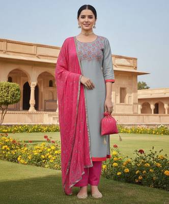 Grey color cotton slub fabric designer casual suit with embroidery 1
