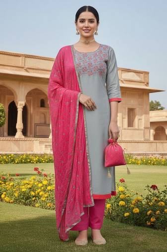 Grey color cotton slub fabric designer casual suit with embroidery