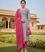 Grey color cotton slub fabric designer casual suit with embroidery