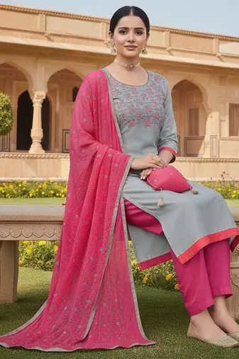 Grey color cotton slub fabric designer casual suit with embroidery